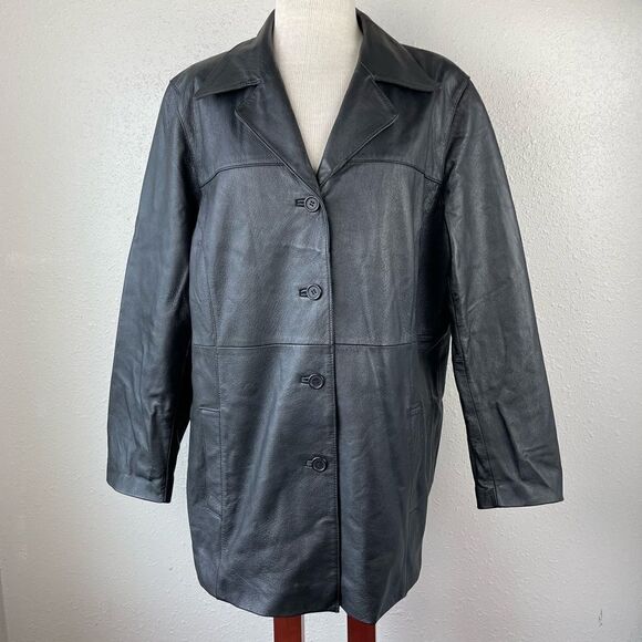 Uniform Woman John Paul Richards Black Leather Button Down Jacket Size 16 EUC - Picture 1 of 7